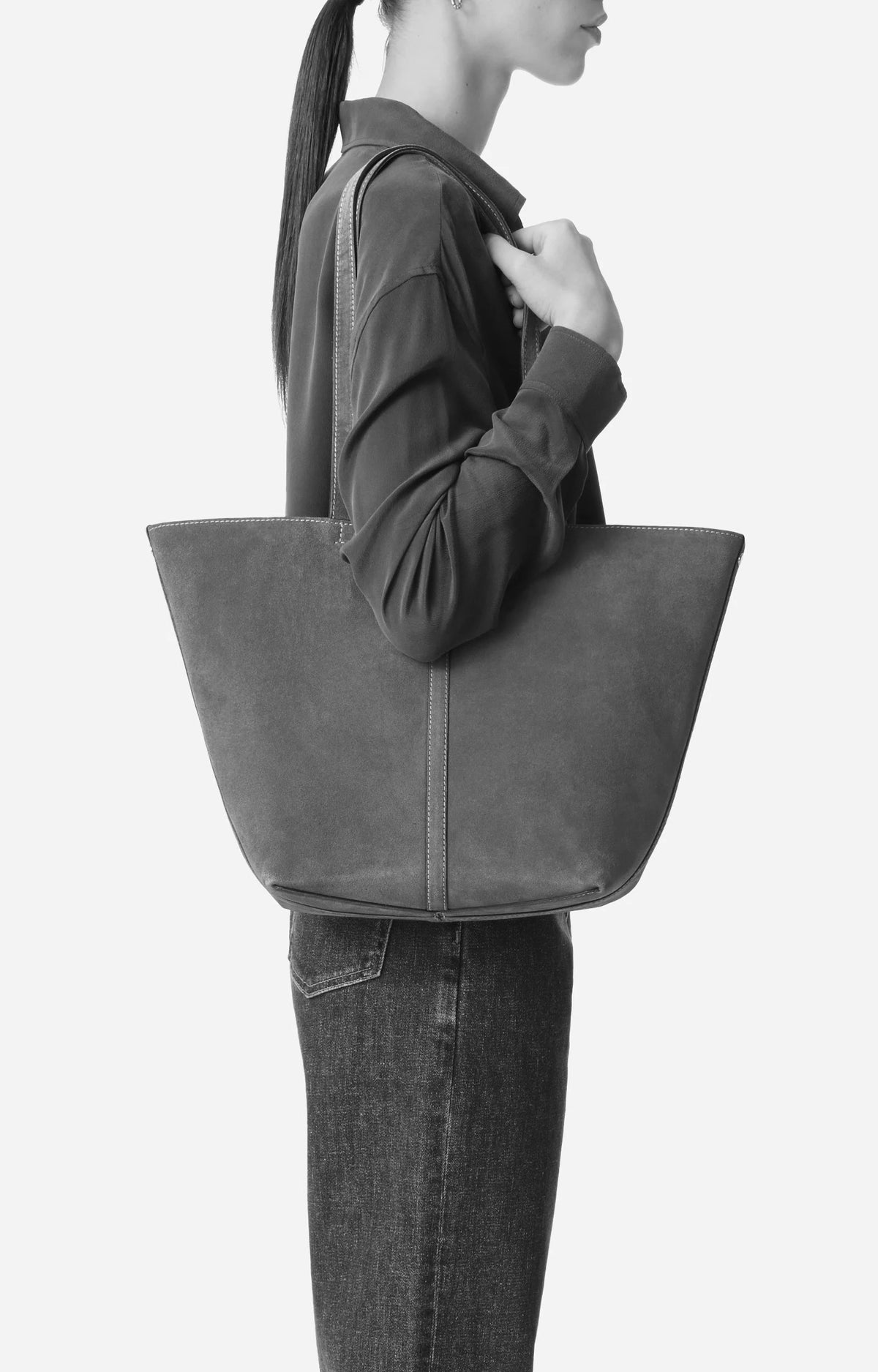 Vanessa Bruno Small Cabas Leather Daily Tote Pewter