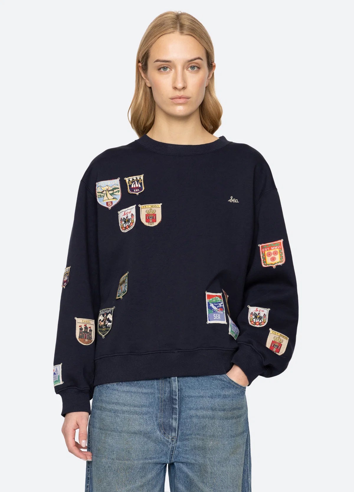 Sea New York Davis Patchwork Crew Neck Sweatshirt Navy
