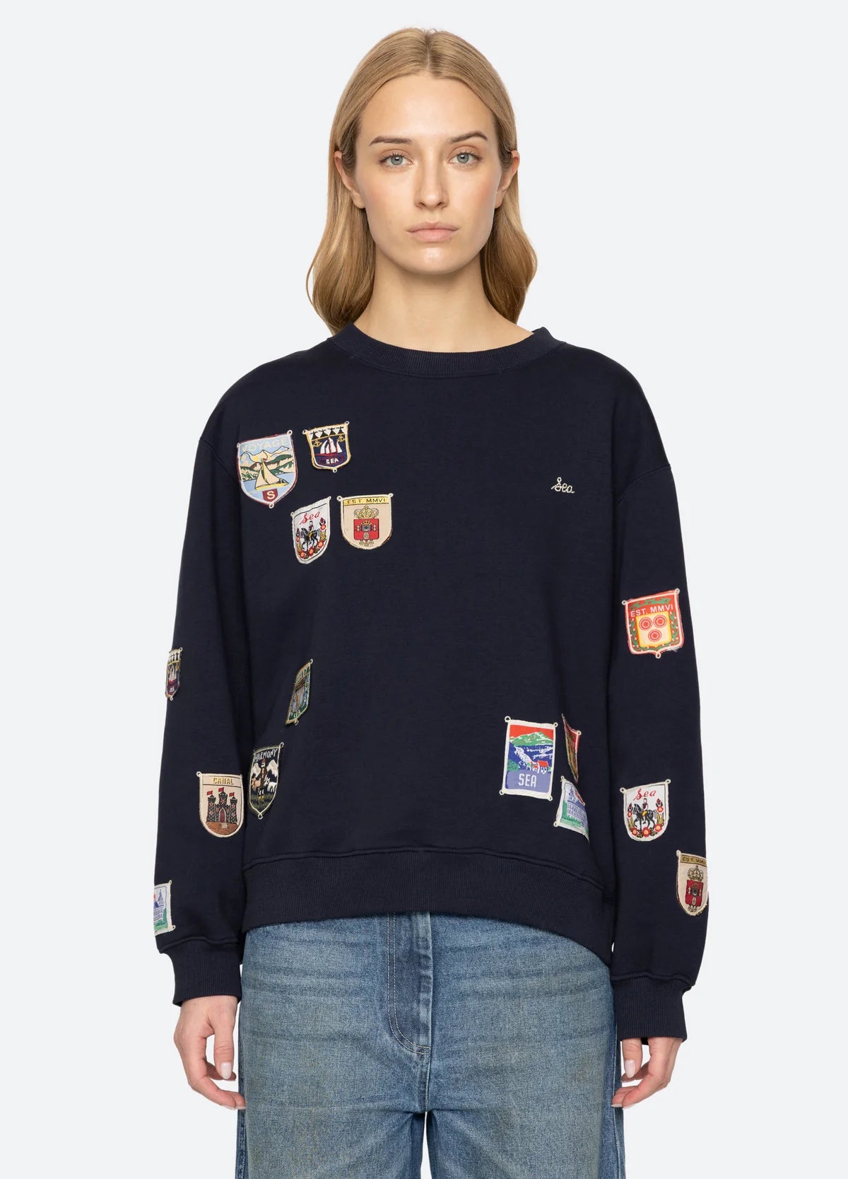 Sea New York Davis Patchwork Crew Neck Sweatshirt Navy