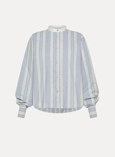 forte_forte mandarin–collar shirt in striped cotton with velvet detailing blue - Den Lille Ida - forte_forte