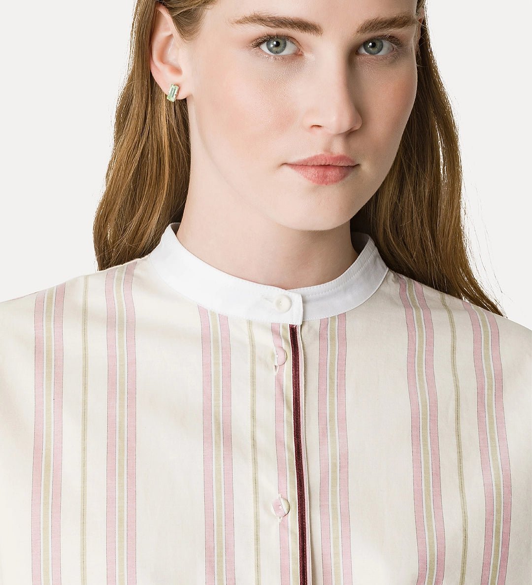 forte_forte mandarin–collar shirt in striped cotton with velvet detailing rose - Den Lille Ida - forte_forte