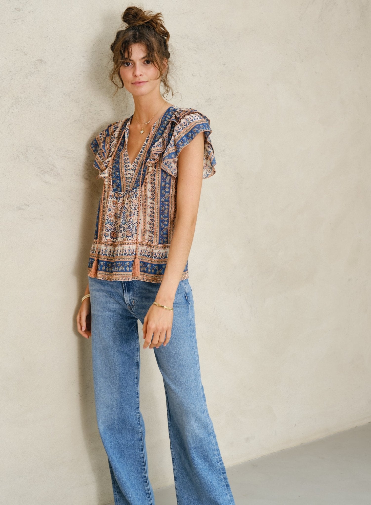 M.A.B.E. Cass Print Frill Top Navy - Den Lille Ida - M.A.B.E