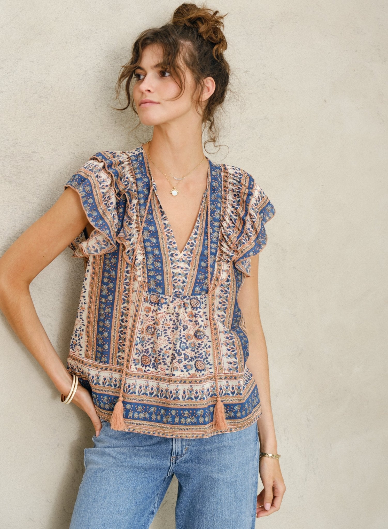 M.A.B.E. Cass Print Frill Top Navy - Den Lille Ida - M.A.B.E