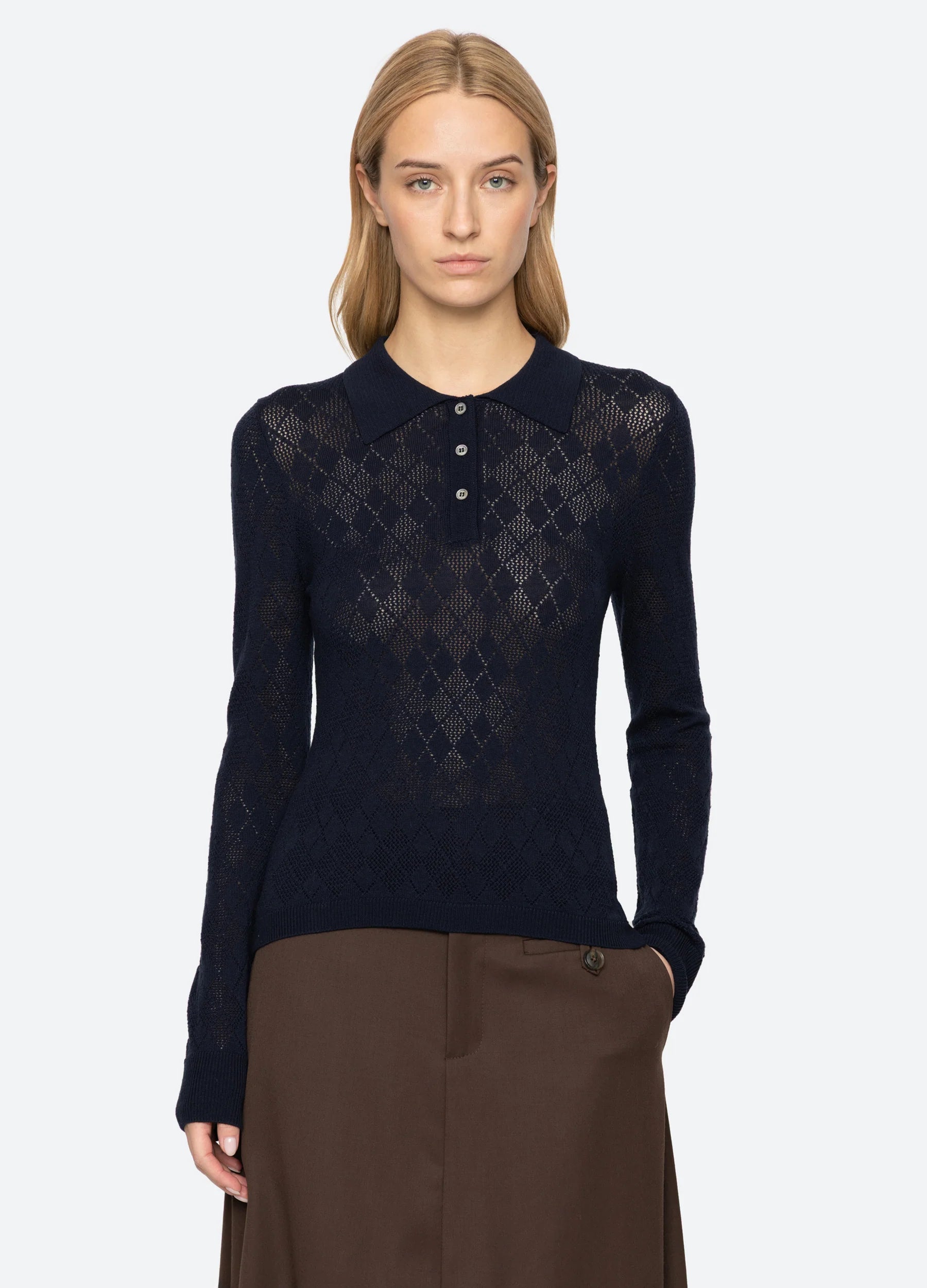 Sea New York Jane Argyle Polo Sweater Navy