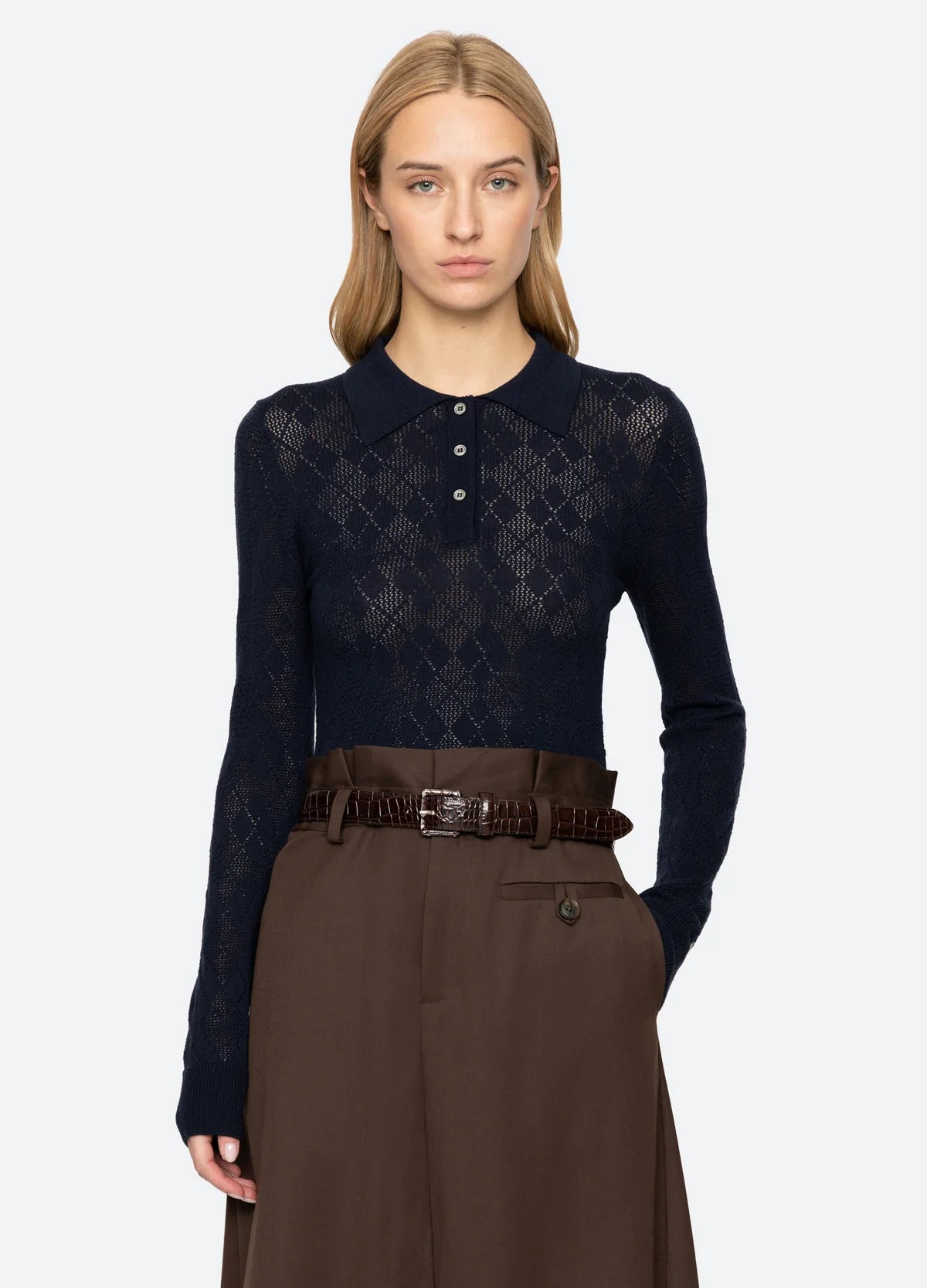 Sea New York Jane Argyle Polo Sweater Navy