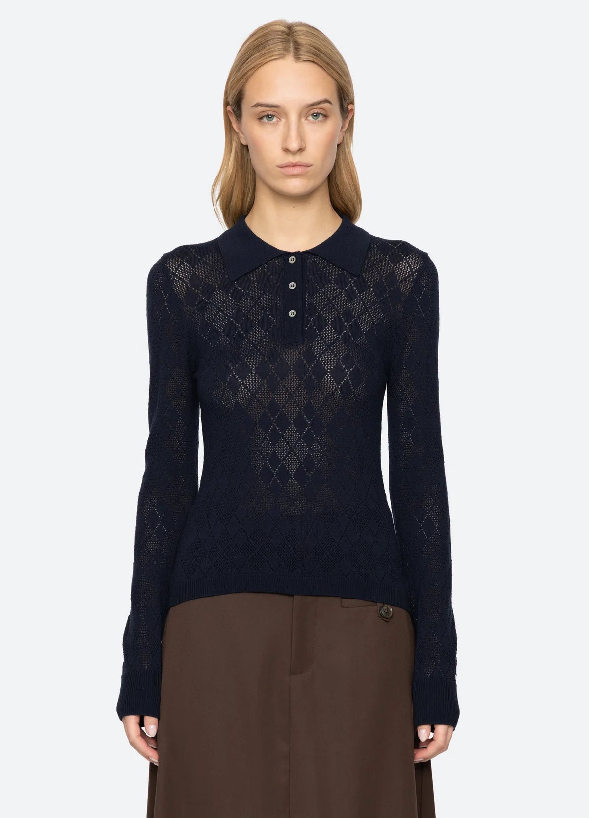 Sea New York Jane Argyle Polo Sweater Navy