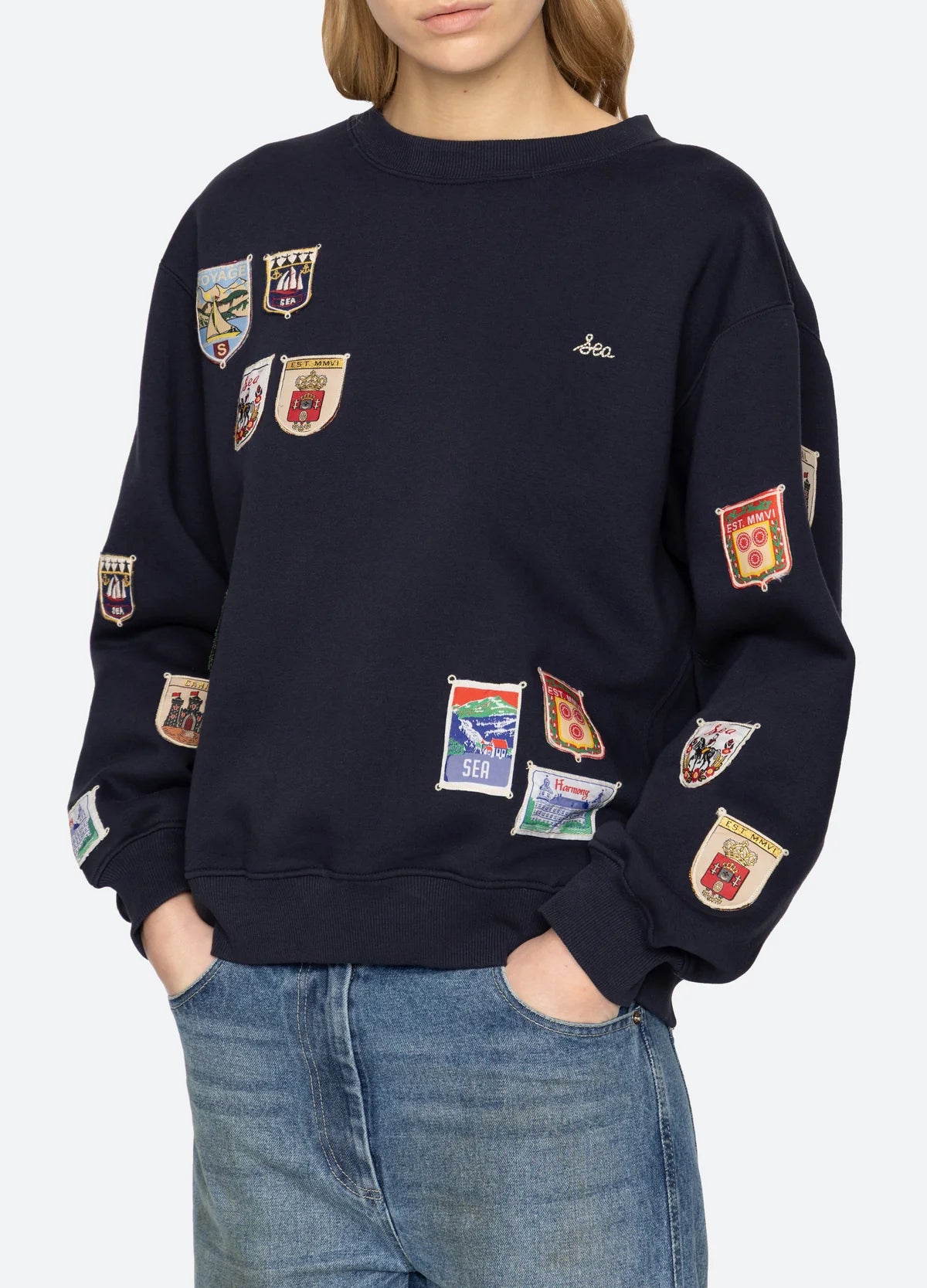 Sea New York Davis Patchwork Crew Neck Sweatshirt Navy