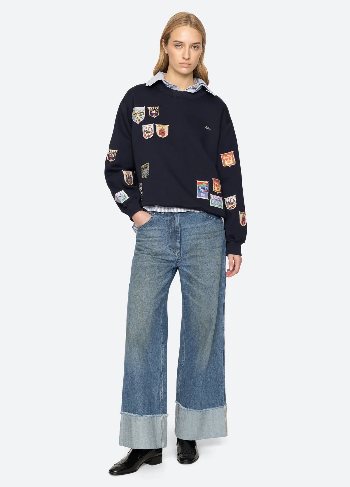 Sea New York Davis Patchwork Crew Neck Sweatshirt Navy