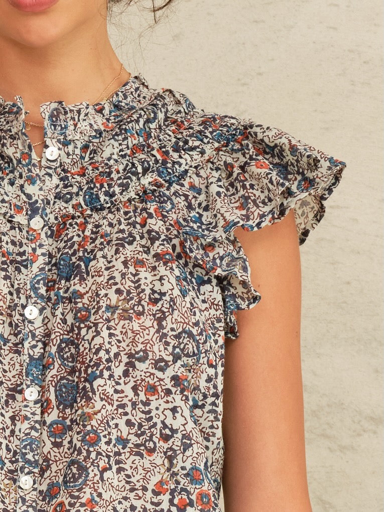 M.A.B.E Cass Print Frill Top Indigo/Rust