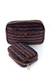 Fan Palm Beauty Bag M Blue Brown Stripes Velvet - Den Lille Ida - Den Lille Ida