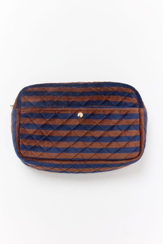 Fan Palm Beauty Bag M Blue Brown Stripes Velvet - Den Lille Ida - Den Lille Ida