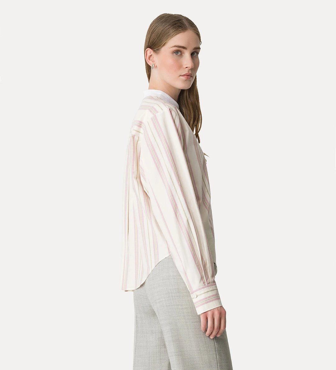 forte_forte mandarin–collar shirt in striped cotton with velvet detailing rose - Den Lille Ida - forte_forte