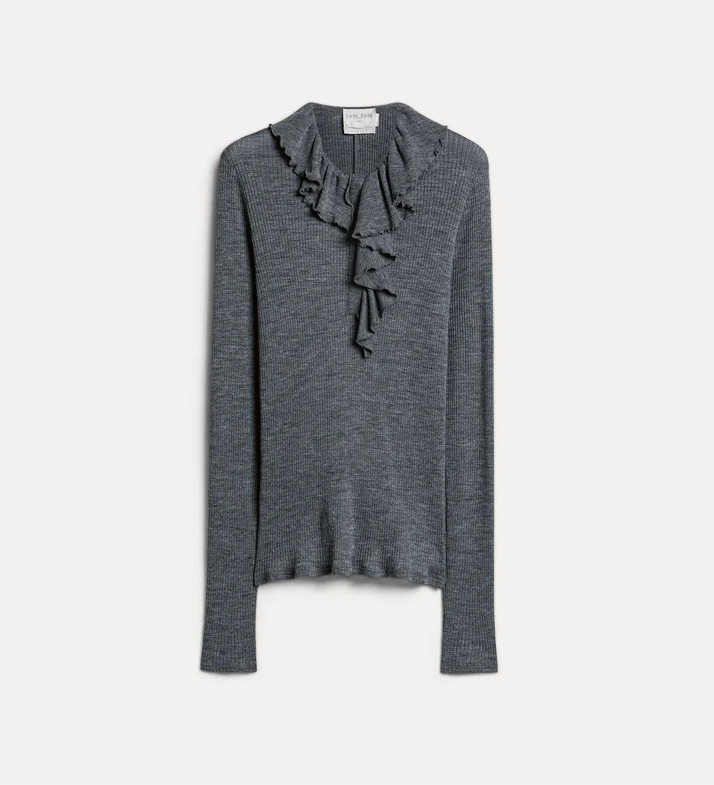 forte_forte ruffled fine rib-knit henley-neck jumper grey