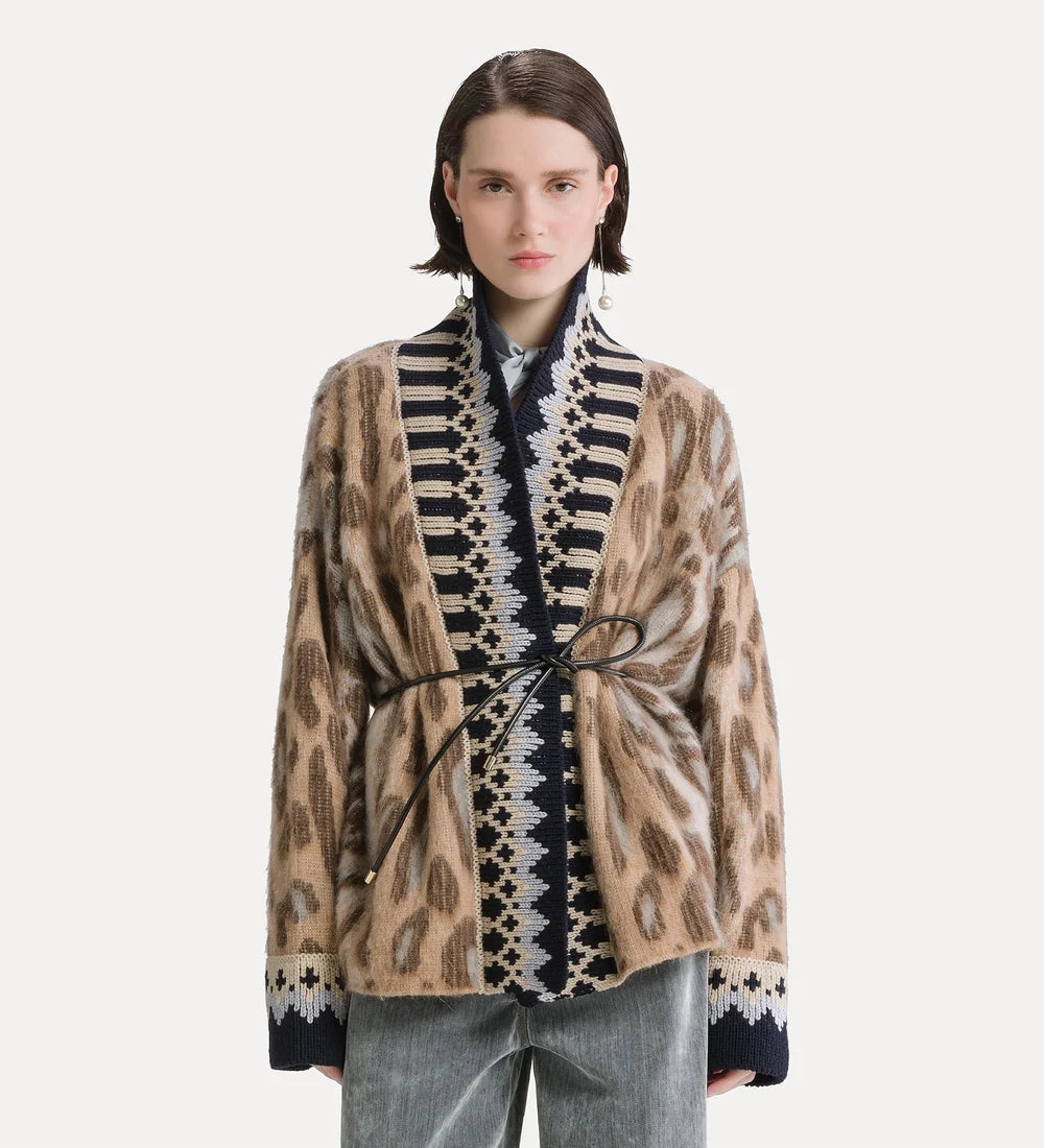 forte_forte “the brit leopard” alpaca-blend jacquard cardigan gold