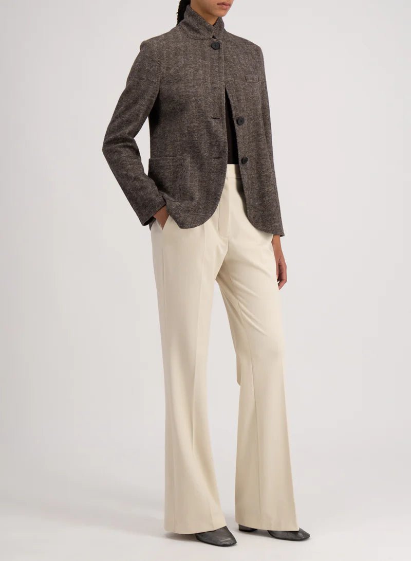 Harris Wharf Stand Up Collar Blazer Patterned Moleskin Beige Herringbone - Den Lille Ida - Harris Wharf