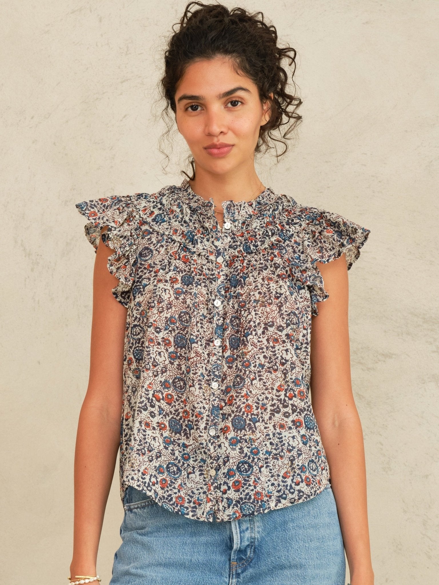 M.A.B.E Cass Print Frill Top Indigo/Rust - Den Lille Ida - M.A.B.E